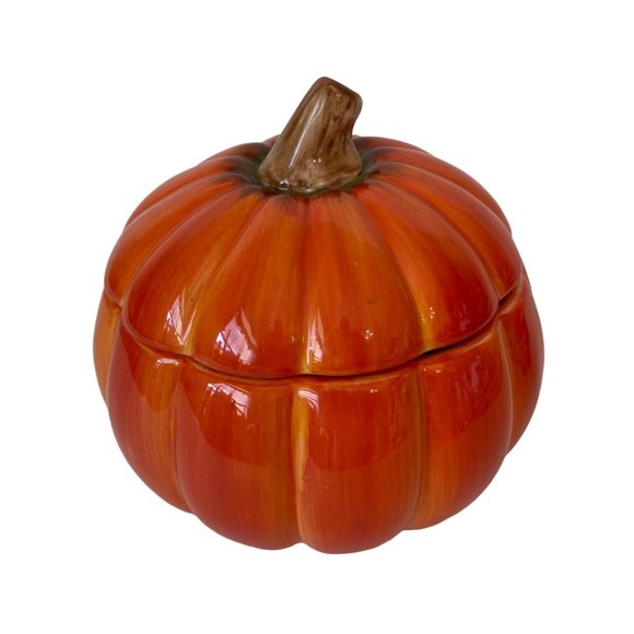 Ceramic Pumpkin Candy Dish Cookie Jar Lidded Bowl 6.5" x 6" FTD - Picture 2 of 6